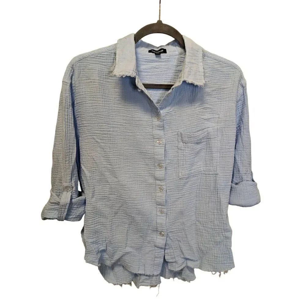 Mittoshop Blue 3/4 Sleeve 100%Cotton Button Down Blouse Size Medium